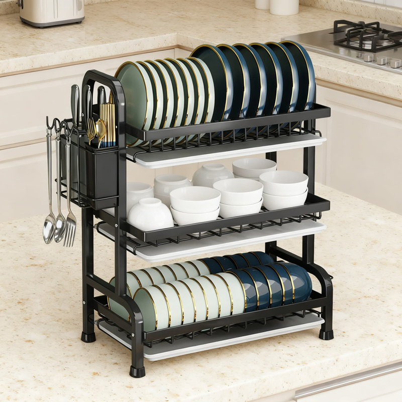 3-Tier Dish Drying Rack With Drain Tray, Over The Sink Kitchen Organizer For Counter Storage, Large Capacity Utensil And Cutlery Holder
