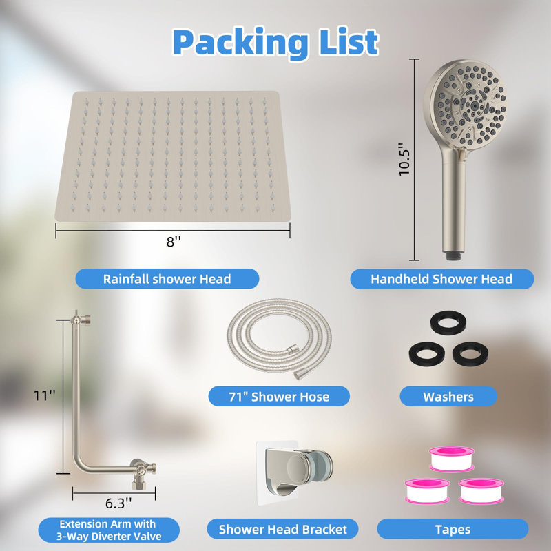 8" Shower Head, High Pressure Rainfall Handheld Shower Combo, Extension Arm,10-Spray Handheld Showerhead,71" Long Hose, 3-Way Diverter