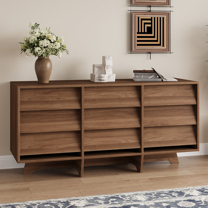 Armoire latérale 59 po avec tiroirs inclinés de style noyer, luxe moderne avec rangement multicouche, convient au salon et à la salle à manger