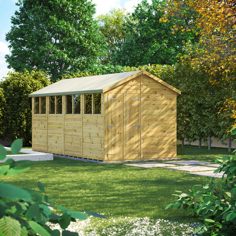 Powersheds 16 x 8ft Premium Pressure Treated Timber Apex Garden Shed, Double Doors
