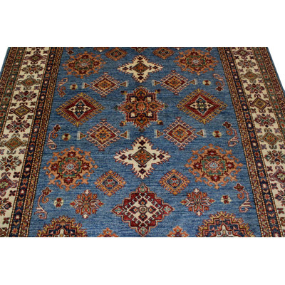 6x8 Blue and Ivory Kazak Tribal Rug