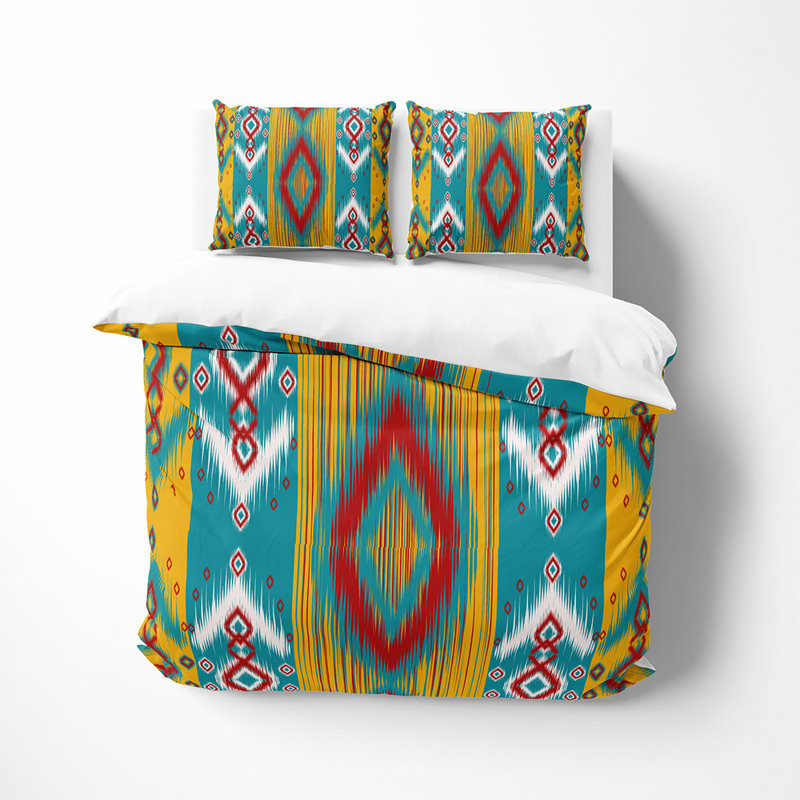  Ensemble de housse de couette en microfibre turquoise, jaune et rouge 3 pièces, Queen Duvet Cover + 2 King Shams