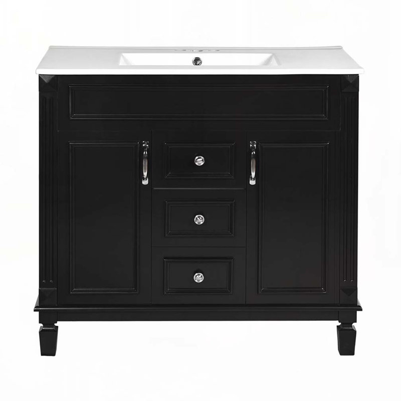 Bathroom Vanity with Ceramic Sink, 2 Soft Closing Doors and 2 Drawers, Black, Silver