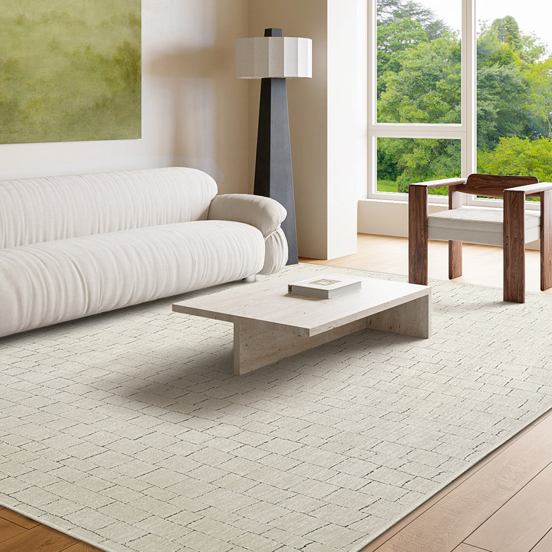 Tapis à motif géométrique en chenille lavable à la machine, Rectangle 7 pi 12 po x 9 pi 10 po, Blanc