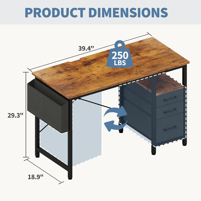 Petit bureau à domicile avec 3 tiroirs en tissu, bureau d'étude avec sac de rangement latéral pour la chambre à coucher