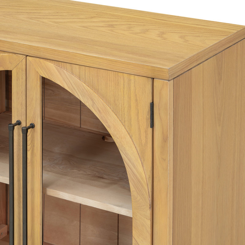 Armoire de rangement à 4 portes Vigue, tablettes réglables, caractère rétro, bois naturel, buffet de cuisine avec armoire en verre, sensation, idéal pour les repas