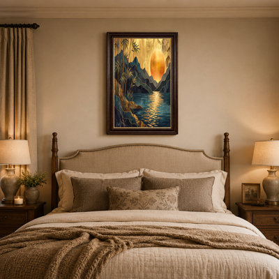 Art mural sur toile bleu sarcelle et bambou avec feuille d'or et soleil orange