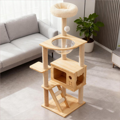  Arbre à chat 48,8 po en bois et lin blanc moderne, tour pour chat d'intérieur avec poteaux à griffer en sisal, maisonnette pour chat avec hamac en acrylique pour chats de toutes tailles