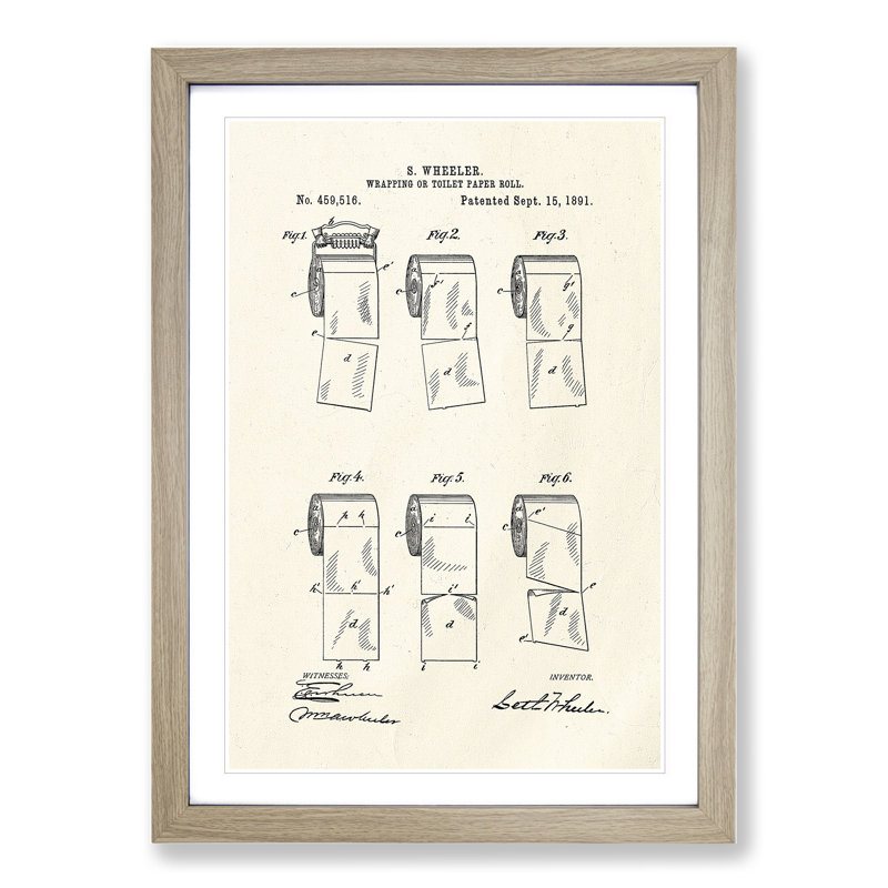 Toilet Roll Patent - Framed Print, Oak, 36cm H x 27cm W x 2cm D