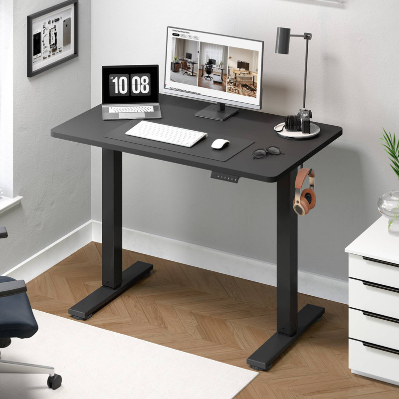 Ergonomic Home Office Height Adjustable Standing Desk Whole-Piece Desktop with Hooks, 46.5" H x 39.37" W x 23.62" D, Black