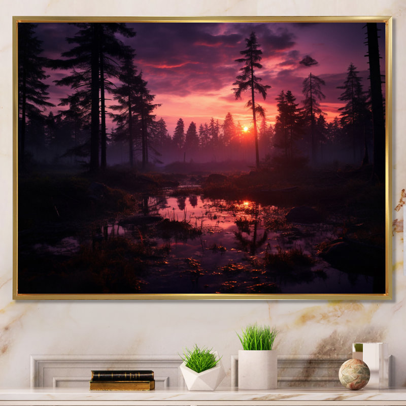 «Sunset Forest Whispers - Sunset», reproduction d'art, Cadre flottant doré, H 30 po x l 40 po x P 1,5 po