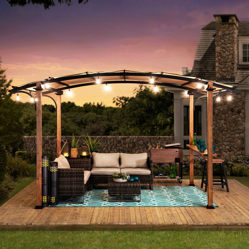 Sunjoy Steel Arched Pergola with Tan Canopy and Wood Finish