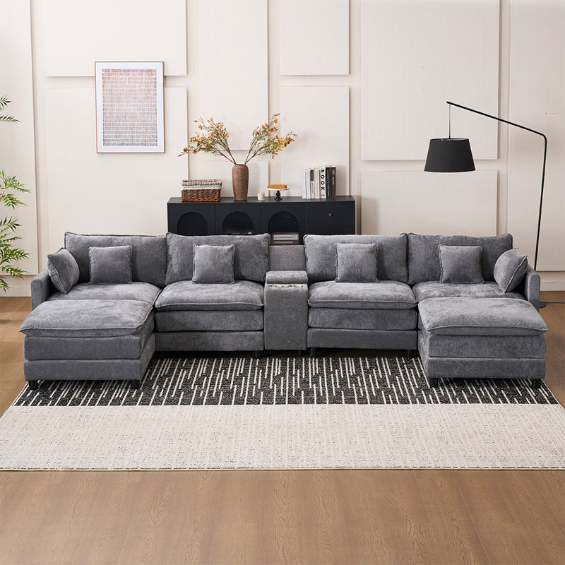 Canapé modulaire en chenille de 144 po en forme de U gris avec table basse et assise profonde, Gris chenille