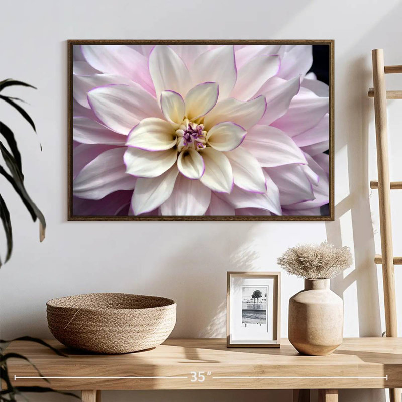 Dahlia blanc et mauve, 25 po x 17 po, Cadre flottant en noyer