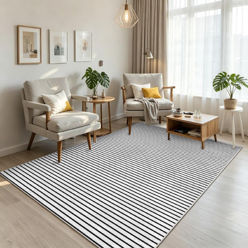 White Black Stripes Striped Monochrome Abstract Straight Lines Machine Washable Indoor Area Rug, Rectangle 71" x 98"