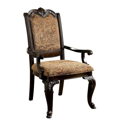 2pc Arm Chairs , Solid Back Style, Brown Fabric Upholstery, Dining Room Luxury Wood Chairs, Dark Brown, Upholstered Seat,