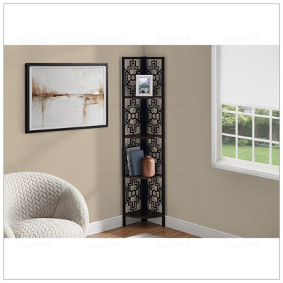 4 Tier Metal Etagere Bookcase With Dark Brown Shelves, Space-Saving Corner Design For Office And Bedroom