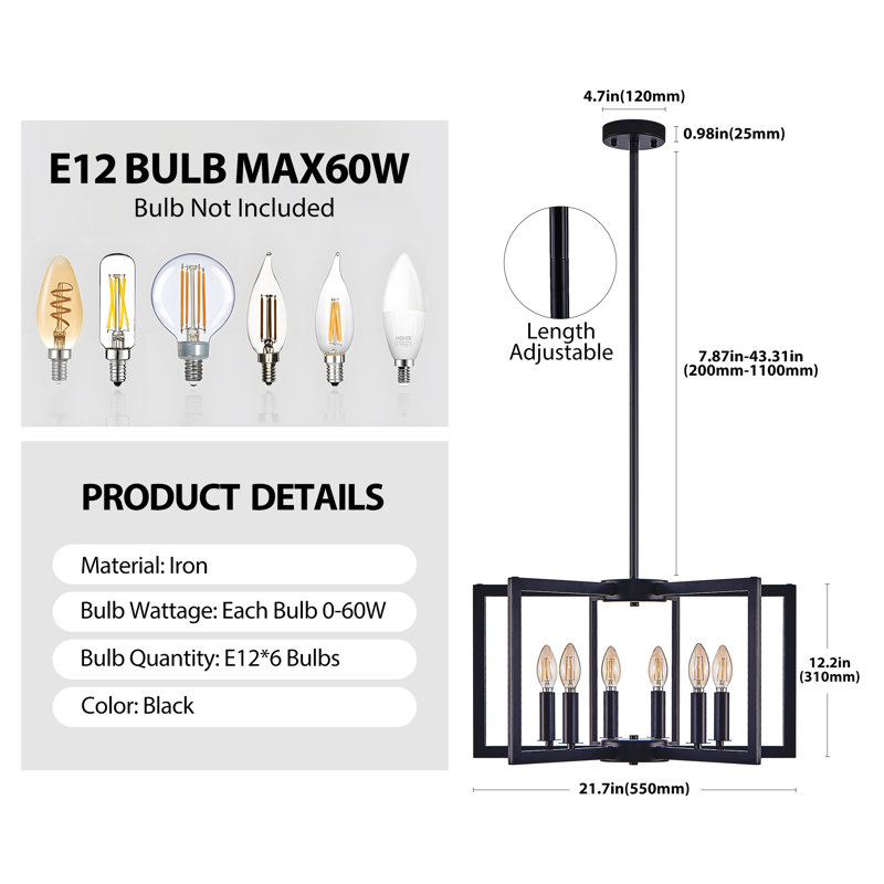 22" Modern Black Geometric 6-Light Chandelier - Industrial Metal Pendant Light Fixture for Living Room, Dining Room, or Kitchen