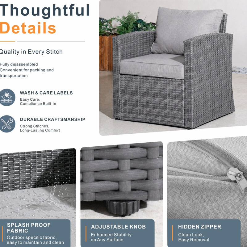 Grey Pe Rattan Seater Modular Garden Sofa Set With Waterproof Storage Coffee Table, Powder-coated Iron Frame
