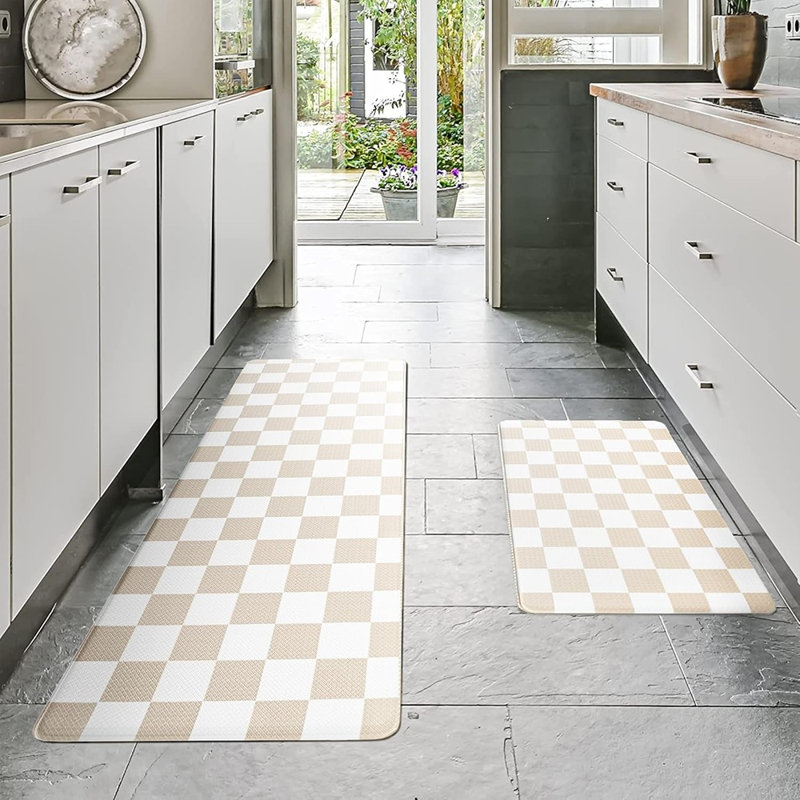 Ensemble de 2 tapis de cuisine à carreaux crème, tapis de sol rembourrés anti-fatigue, tapis de cuisine imperméables en PVC antidérapants, tapis de confort robustes pour la cuisine, la buanderie et le bureau personnel