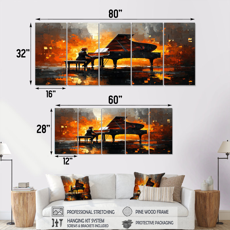Ensemble de décorations murales oranges et pianistes orange sur scène, H 28 po x l 60 po