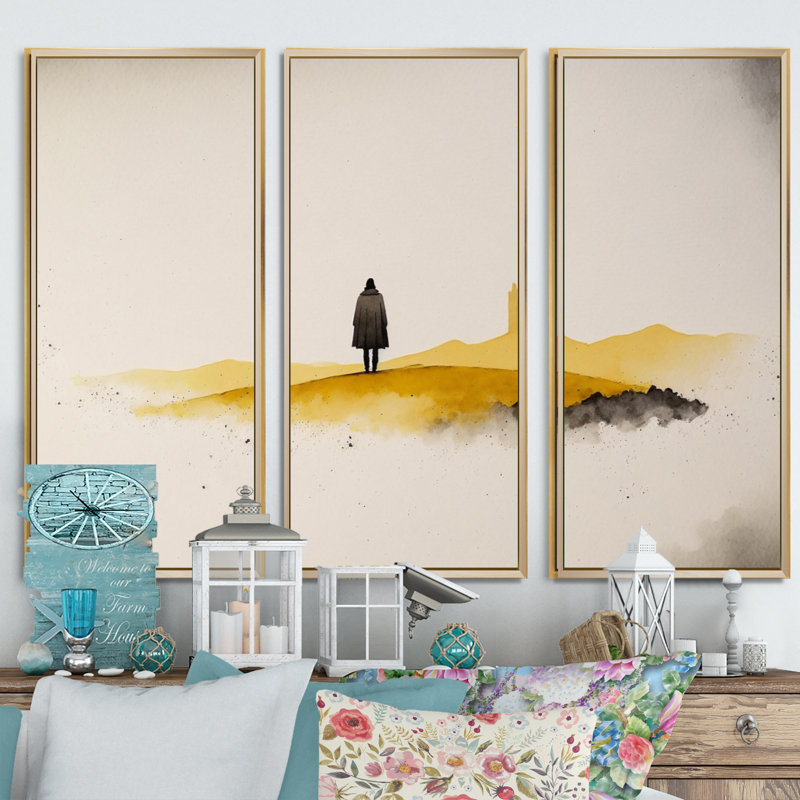 Solitude en jaune moutarde et gris Solitude en jaune moutarde et gris - 3 pièces sur toile, H 32 po x l 48 po x P 1 po