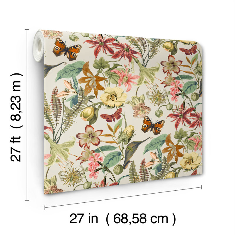 Floral Wallpaper Roll, Light Taupe/Coral