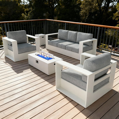 Modern Outdoor Aluminum 4-piece Conversation Set With Firepit Table