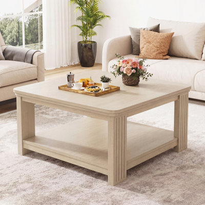Table basse carrée avec tablette de rangement à 2 niveaux, table basse en bois naturel pour le salon