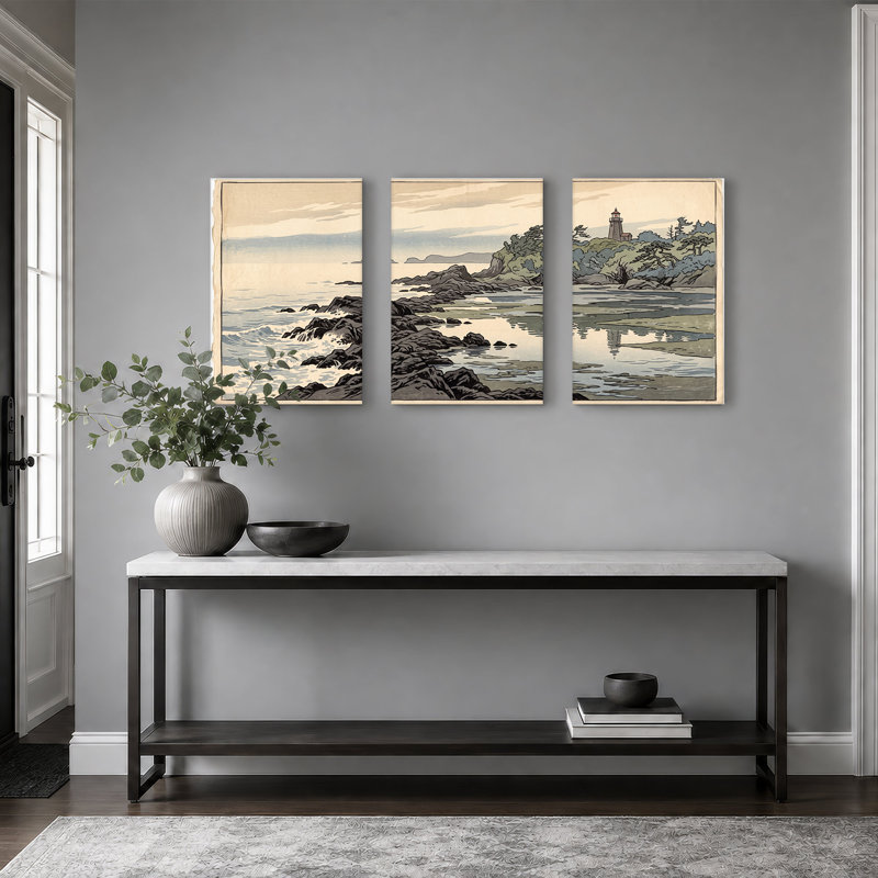 Art mural rétro sur 3 rivages rocheux avec pin, H 36 po x l 24 po x 3 pièces