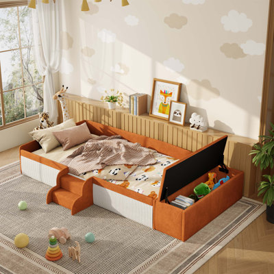 Upholstered Daybed With Integrated Stairs, Padded Guardrails, And Lift-Activated Storage For Safe, Space-Smart Kids' Sleep And Play Solutions.