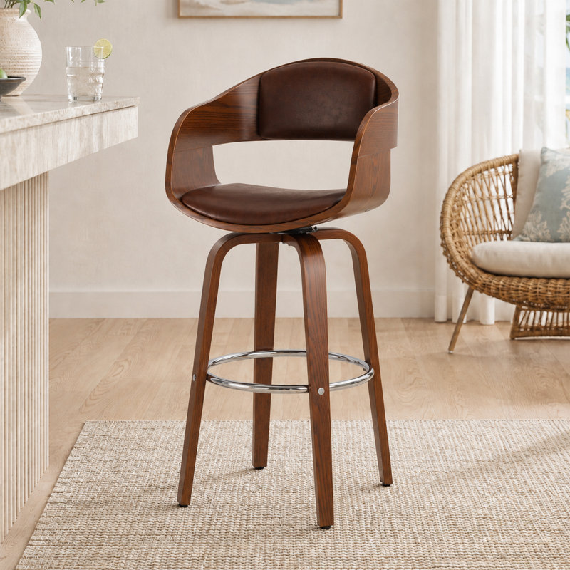 Tabouret de bar Mid-Century moderne avec dossier courbé en bois et siège rembourré, ensemble de 1, Marron foncé