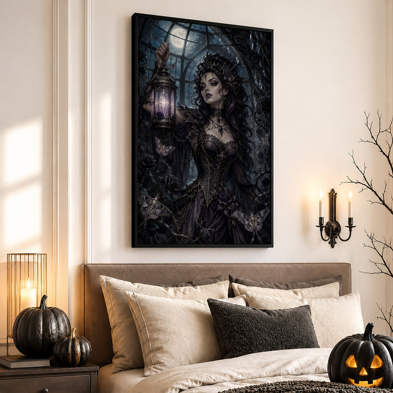 Impression sur toile, "Mauve gothique" avec lanterne et papillons de nuit, H 30 po x l 20 po