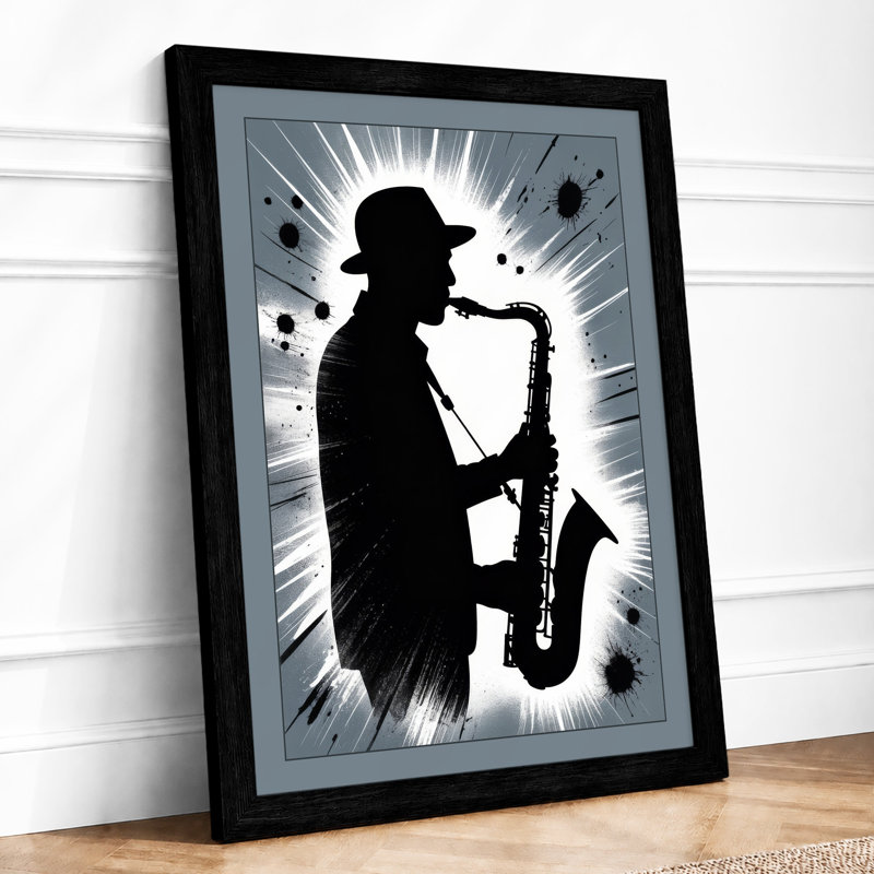 Saxophone Silhouette Urban Art - Framed Print, A1 - 84.1 x 59.4 cm, Black
