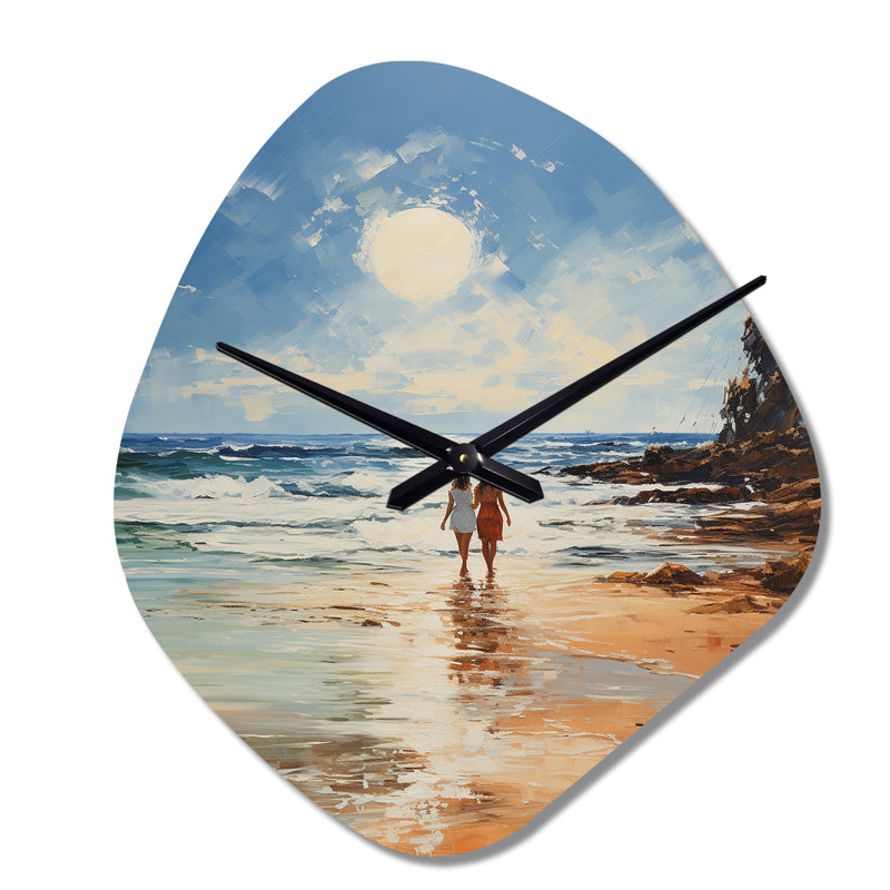 Beach Seaside Stroll Pointillism - Horloge murale de forme unique en métal, horloge asymétrique bleue, Petit