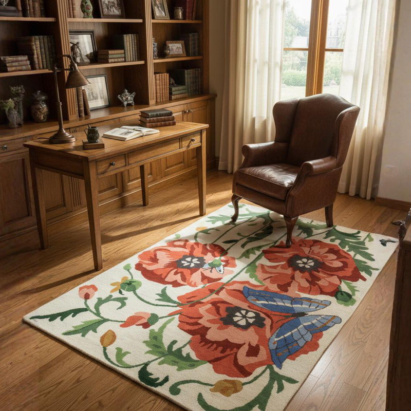 Adairsville Authentic Hand-Tufted Handmade Red, Green & Blue Garden Botanical Floral Butterfly Wool Area Rug