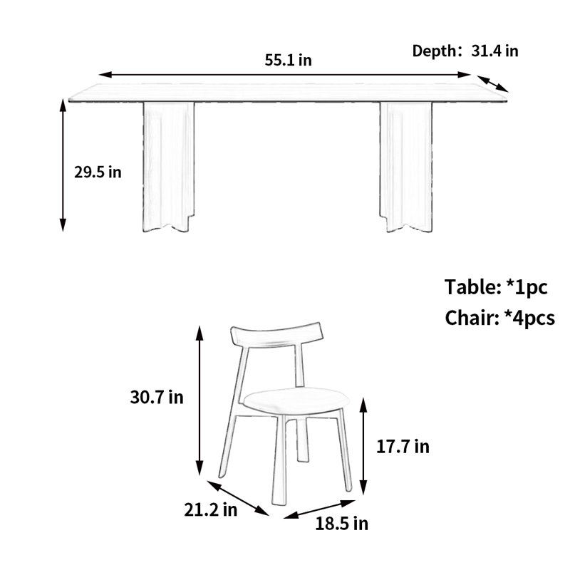 Table et chaises de style médiéval, H 29,5 po x L 55,1 po x l 31,4 po