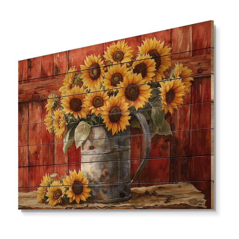 «Golden Hour Harvest Blooms At The Barn II», art mural en bois assorti, sur bois de pin naturel