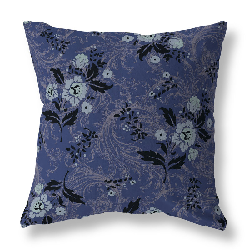 Coussin décoratif intérieur / extérieur à motif floral Meadow Strokes, H 16 po x l 16 po, Bleu / gris / indigo