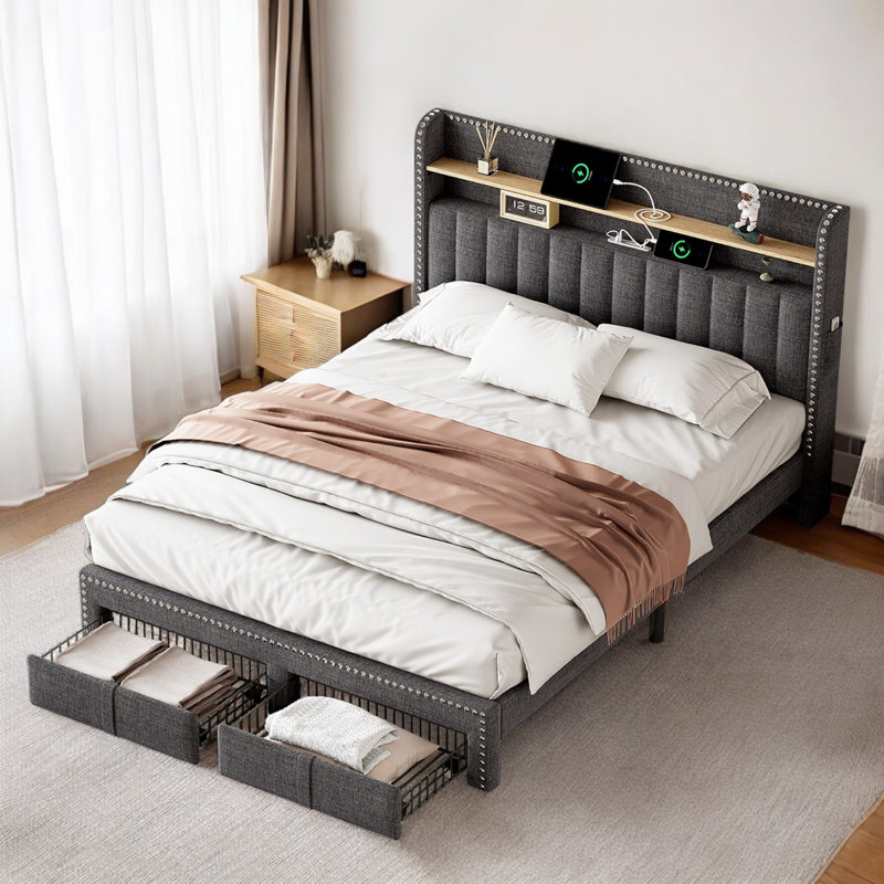 Caida Upholstered Storage Bed, Grey