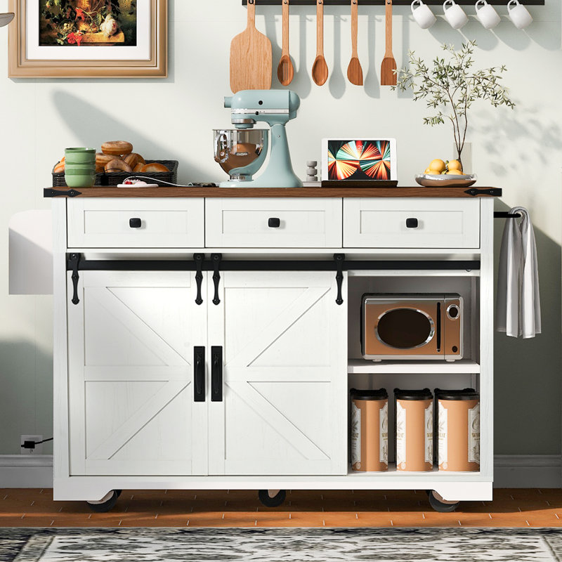 53.7" Farmhouse Kitchen Island With Power Outlet, Drop Leaf & Sliding Barn Doors, Rolling Storage Cart, White, White