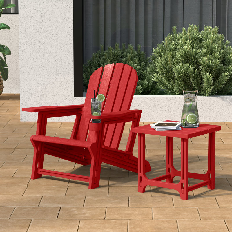 Outdoor Poly Adirondack Chair With Side Table, Red