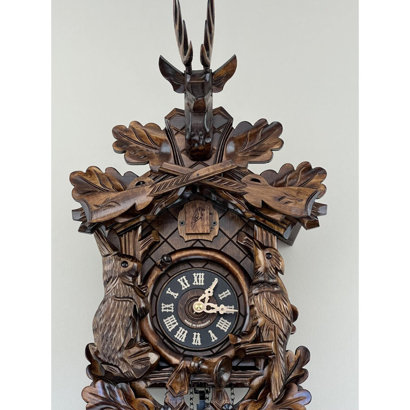  German Quartz Cuckoo Clock with Oak Leaf Carvings