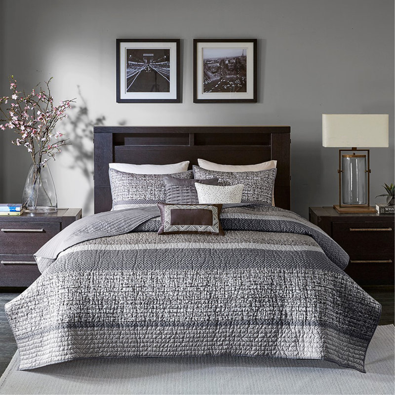 Ensemble de courtepointe réversible en jacquard 6 pièces avec coussins décoratifs gris / taupe