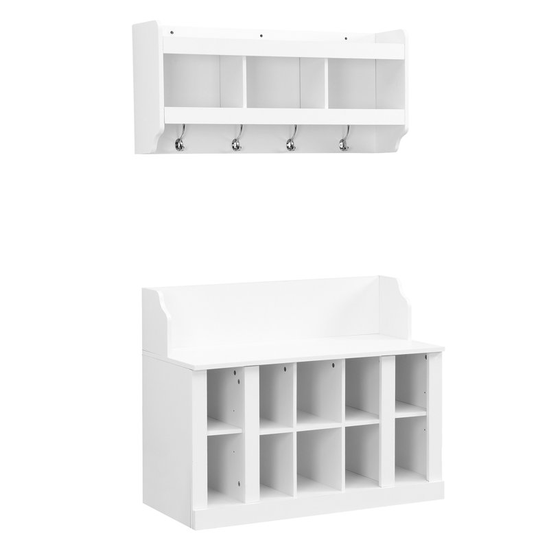 White Shoe Storage Cabinet With Wall Mounted Coat Rack And 4 Hooks, Entryway Organizer For Hallway, Foyer Contemporary Bench Adjustable Compartments, Hall Tree Home