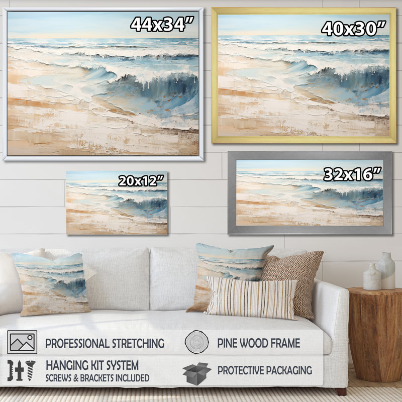 «Golden and Blue Beach Tranquility I» - art mural plage côtière, Cadre photo blanc, H 12 po x l 20 po x P 1 po