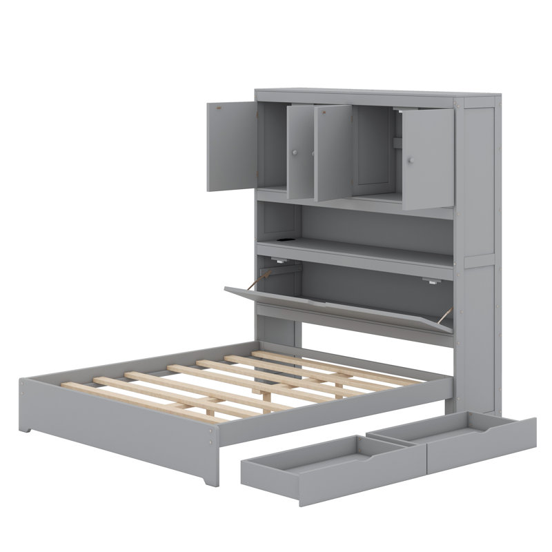 Lit plateforme en bois avec port USB, tête de lit et tiroirs de rangement, Gris