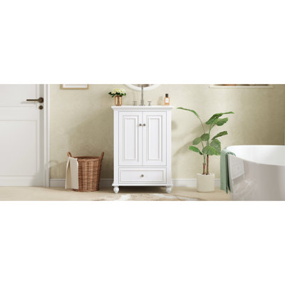Meuble-lavabo de 24 po avec lavabo en céramique, armoire de rangement avec portes à fermeture douce, armoire de salle de bain avec tiroir et séparateurs de tiroir