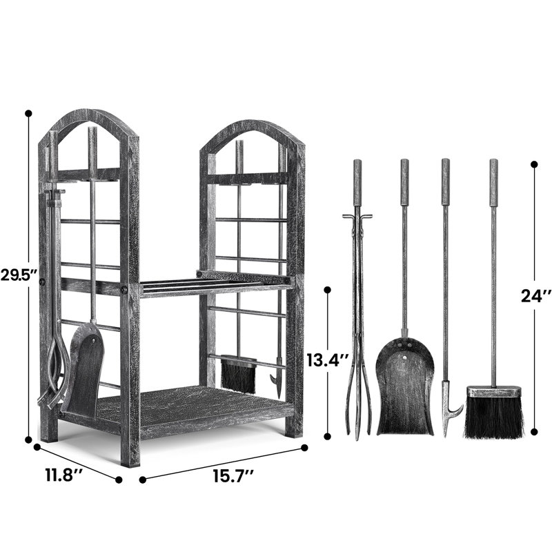 Porte-bûches d'intérieur avec outils, ensemble de 5 pièces pour foyer, support à bûches en fer forgé, étagère de rangement pour bûches de foyer, foyer extérieur, poêle à bois, argent antique