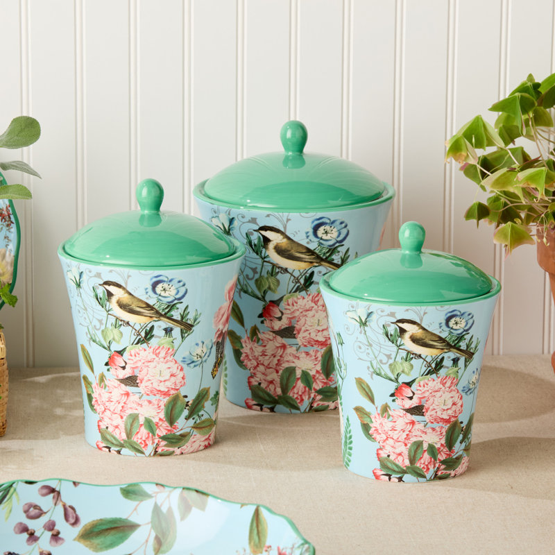 Flora Green Ceramic Canister Set with Butterfly Design, 3-Piece